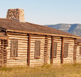 Reconstructed Fort Caspar log cabins in Casper, Wyoming
