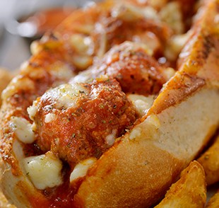 Close-up of a toasted meatball sub sandwich